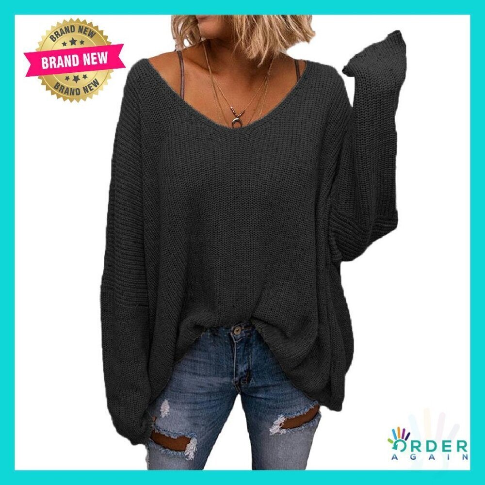 V Neck Long Sleeve Oversized Pullover Sweater Waffle Knit Chic Casual